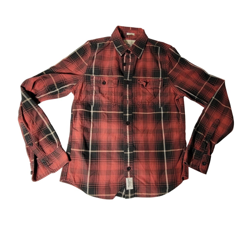 Abercrombie & Fitch Mens Muscle Fit Red Plaid Flannel Button Down Shirt Medium